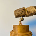 “The Plowman’s Lantern” - Sculptural Table Lamp in Reclaimed Ox Yoke, Vintage Nail & Rattan