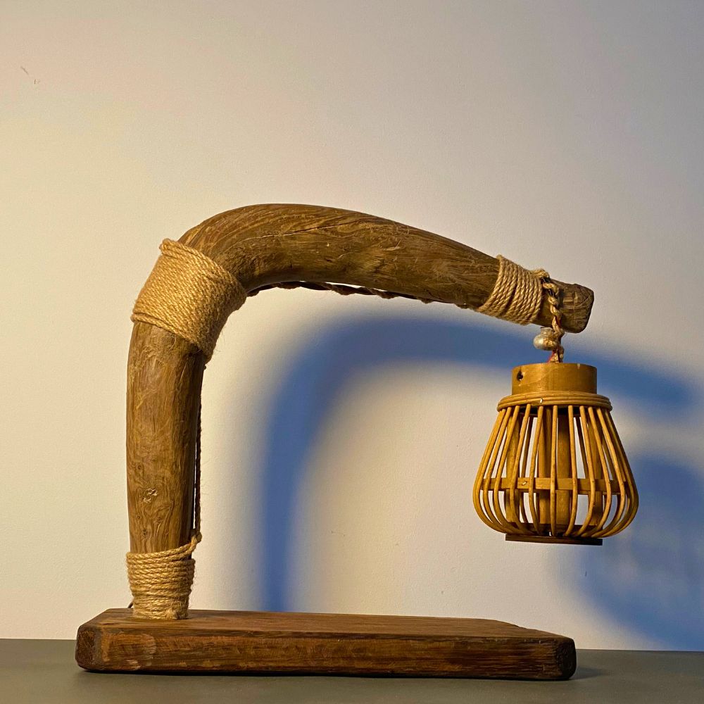 “The Plowman’s Lantern” - Sculptural Table Lamp in Reclaimed Ox Yoke, Vintage Nail & Rattan