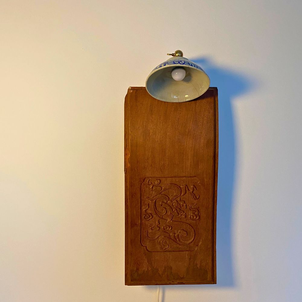 “Suspended Moment” - A Wall Sculpture Lamp Featuring 1987 Chair Back & 1920s-40s Antique Bowl