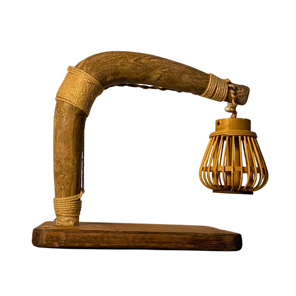 “The Plowman’s Lantern” - Sculptural Table Lamp in Reclaimed Ox Yoke, Vintage Nail & Rattan