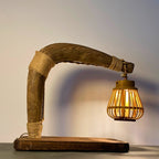 “The Plowman’s Lantern” - Sculptural Table Lamp in Reclaimed Ox Yoke, Vintage Nail & Rattan