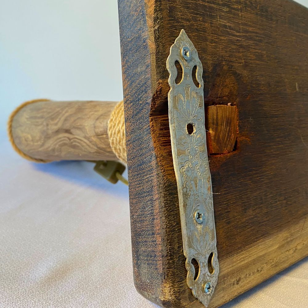 “The Plowman’s Lantern” - Sculptural Table Lamp in Reclaimed Ox Yoke, Vintage Nail & Rattan